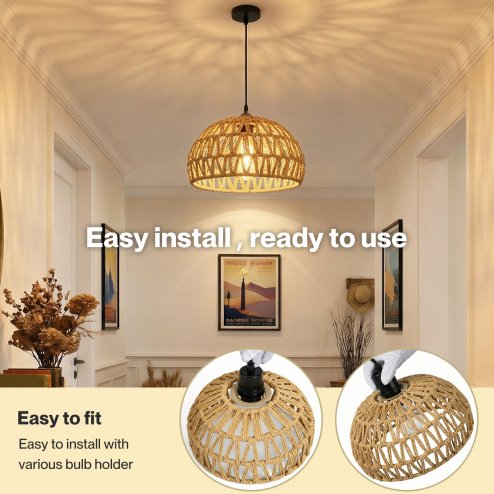 Emitto Rustic Ceiling Pendant Light Shade Hemp Rope Lamp Shade Boho Yellow 23cm