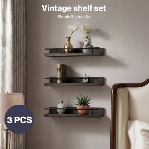 Levede Floating Shelves Set of 3 Wooden Wall Mounted Shelves Storage Black