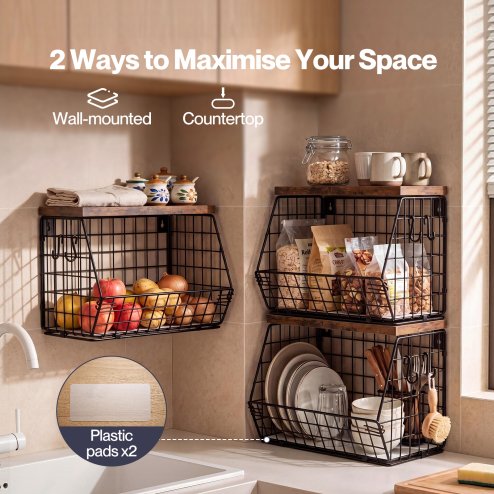 Toque Fruit Snack Storage Basket 2PCS Stackable Wall Mounted Kitchen Wood Lid