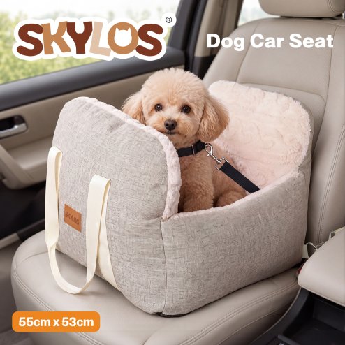 Skylos Dog Car Seat Safe Booster Bed Small Pets Travel Carrier Washable Beige