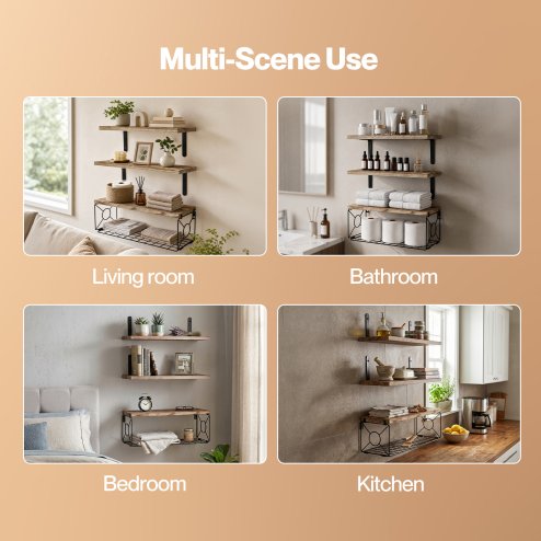 Levede Wood Floating Shelves 3 Tier Bathroom Wall Shelves with Storage Basket