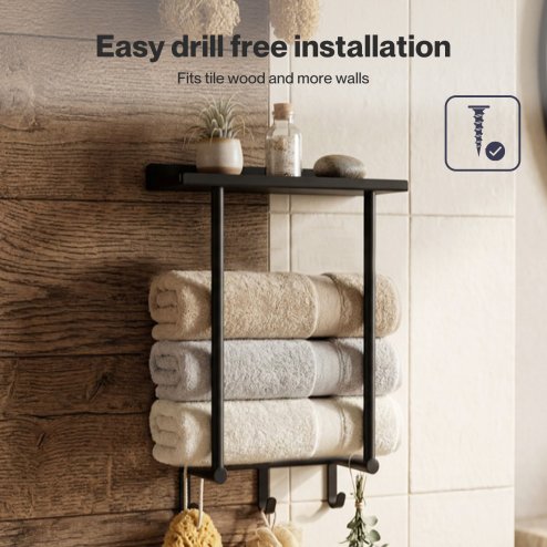 Levede Towel Rack Wall Mounted Shelf Bathroom Storage Holder with Hooks Black