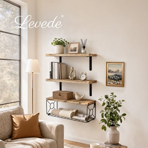 Levede Wood Floating Shelves 3 Tier Bathroom Wall Shelves with Storage Basket