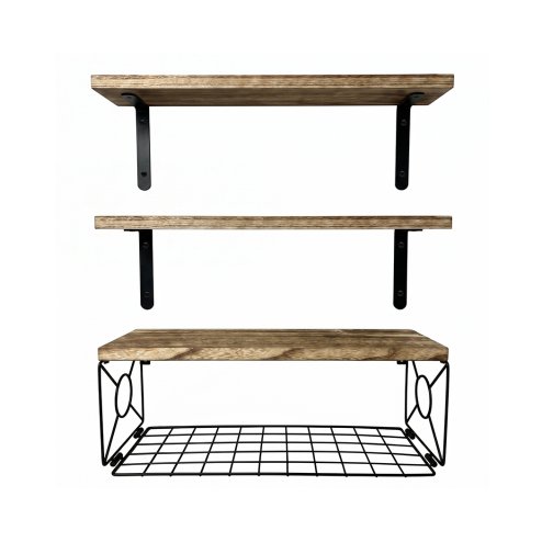 Levede Wood Floating Shelves 3 Tier Bathroom Wall Shelves with Storage Basket
