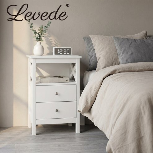 Levede Bedside Table Wood Nightstand Cabinet 2 Storage Drawers Open Shelf White
