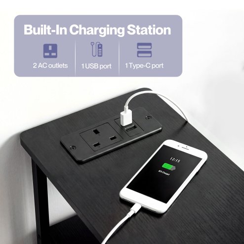 Levede Slim Bedside Table with Charging Station 3 Drawers for Bedroom Black