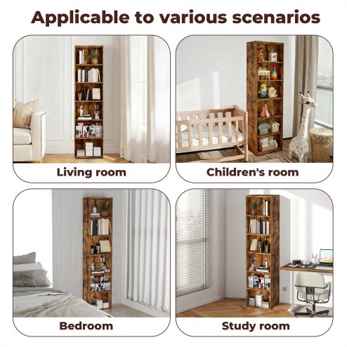 Levede Slim Bookcase Tall Bookshelf 6 Tier Adjustable Shelf Living Room Walnut