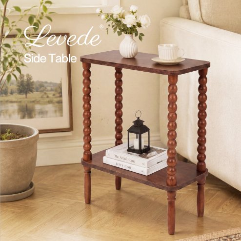 Levede Narrow Side Table 2 Tier Storage MDF End Table Rubber Wood Legs Brown