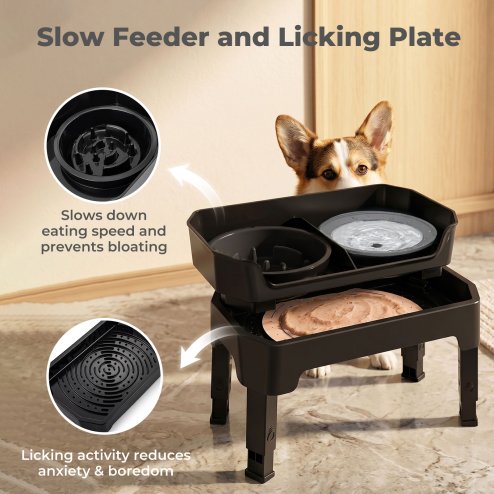Skylos Raised Dog Bowl 4-Height Adjustable Feeding Station Full Set 1600ml Black