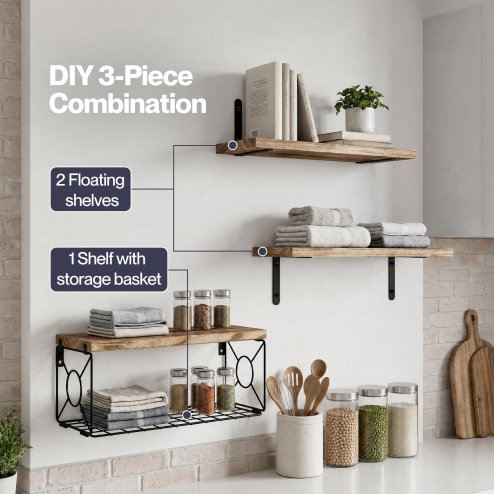 Levede Wood Floating Shelves 3 Tier Bathroom Wall Shelves with Storage Basket