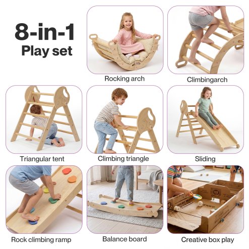 DEKKO 8 in 1 Triangle Climbing Set Kids Wooden Climber with Arch Slide Natural