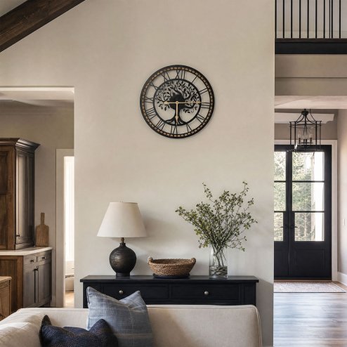 Yezi Wall Clock Silent Quartz Tree Design 40Cm Large Face For Living Room Black
