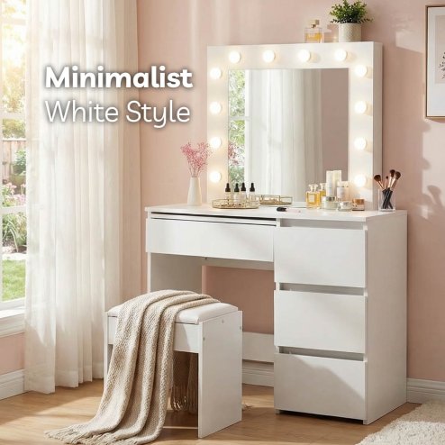 Levede Vanity Makeup Dressing Table White with Led Light Mirror Drawer PU Stool