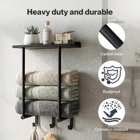 Levede Towel Rack Wall Mounted Shelf Bathroom Storage Holder with Hooks Black