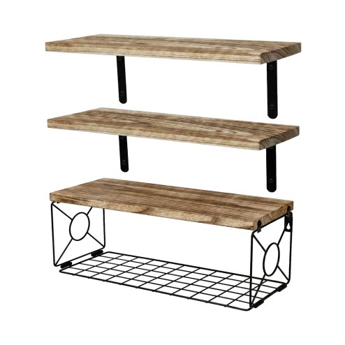Levede Wood Floating Shelves 3 Tier Bathroom Wall Shelves with Storage Basket