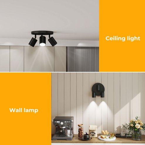 EMITTO 3-Way Spotlight Ceiling Light Adjustable GU10 Modern Black Round Base