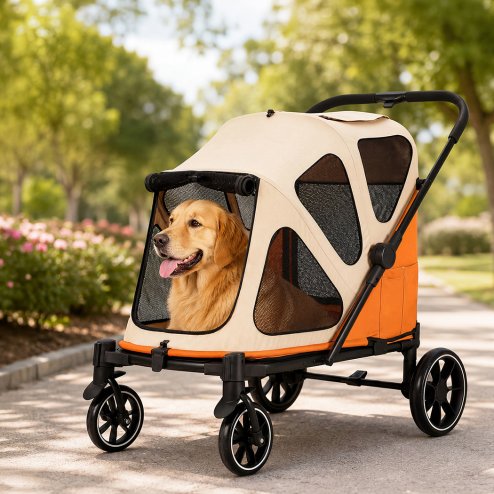 Skylos Dog Pram Stroller Foldable Pet Pushchair with Brake Suspension Orange