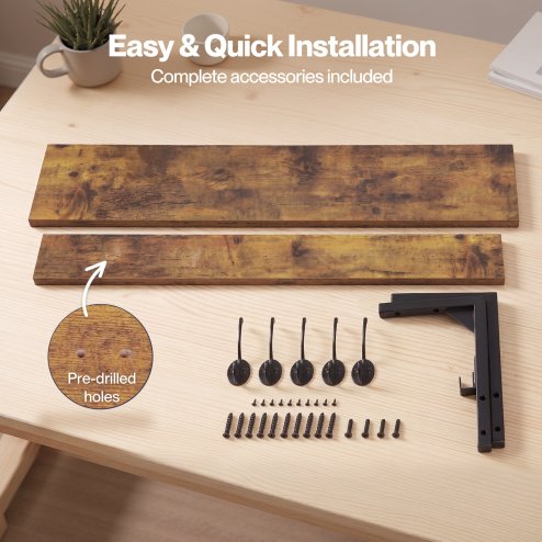 Levede Coat Rack Wall Mounted Shelf 7 Hooks Heavy Duty Entryway Storage Brown