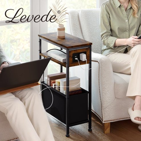 Slim Side Table with Charging Station Storage Narrow End Table Sofa Living Room