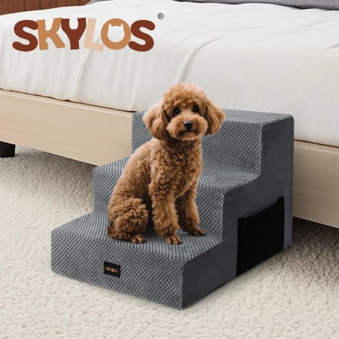 Skylos Dog Steps Pet Stairs Ramp 3 Step for High Bed Sofa Memory Foam Washable