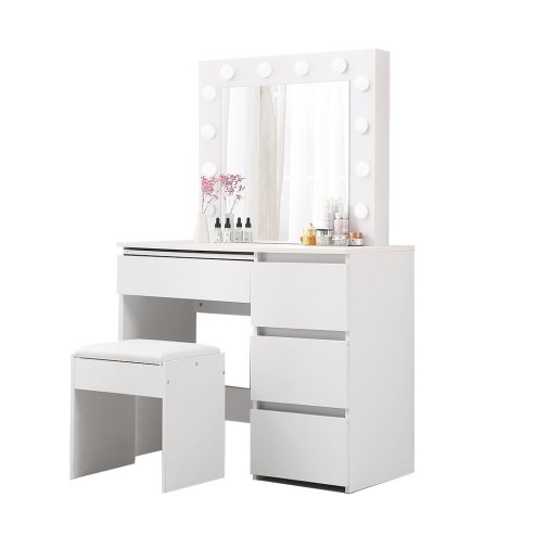 Levede Vanity Makeup Dressing Table White with Led Light Mirror Drawer PU Stool