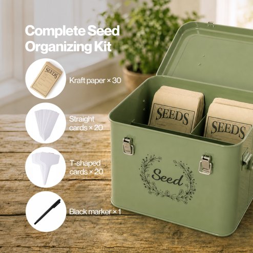 TOQUE Seed Storage Box Organiser 3 Compartment Metal Seed Storage Green