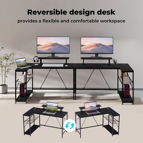 Levede L-Shaped Gaming Desk Computer Table with RGB Lights Power Outlets 132.5CM