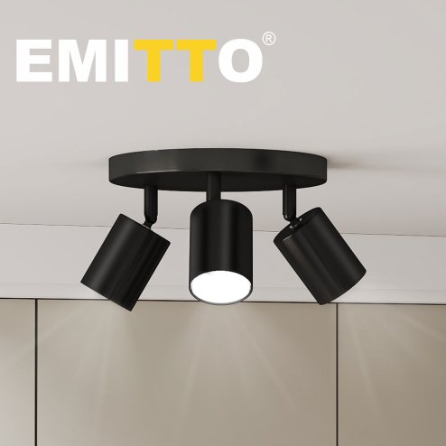 EMITTO 3-Way Spotlight Ceiling Light Adjustable GU10 Modern Black Round Base
