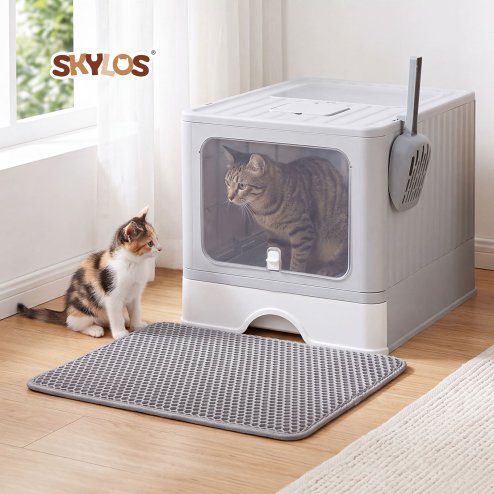 Skylos Cat Litter Box Stainless Steel Enclosed Drawer Odor Control Foldable Grey