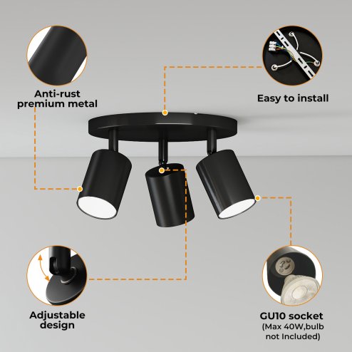 EMITTO 3-Way Spotlight Ceiling Light Adjustable GU10 Modern Black Round Base