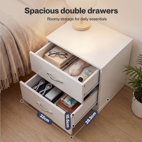 Levede Bedside Table With 2 Drawer Metal Handles Runners White Bedroom Cabinet
