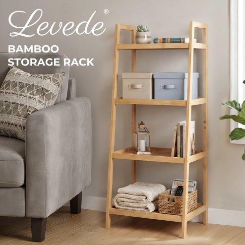 Levede Shelf 4 Tier Space Saving Bamboo Display Cabinet For Living Room Bamboo