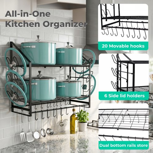 TOQUE Pot Rack Kitchen Storage Organiser Shelf Pan Rack 20 Hooks Lid Holders