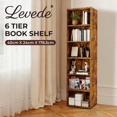 Levede Slim Bookcase Tall Bookshelf 6 Tier Adjustable Shelf Living Room Walnut