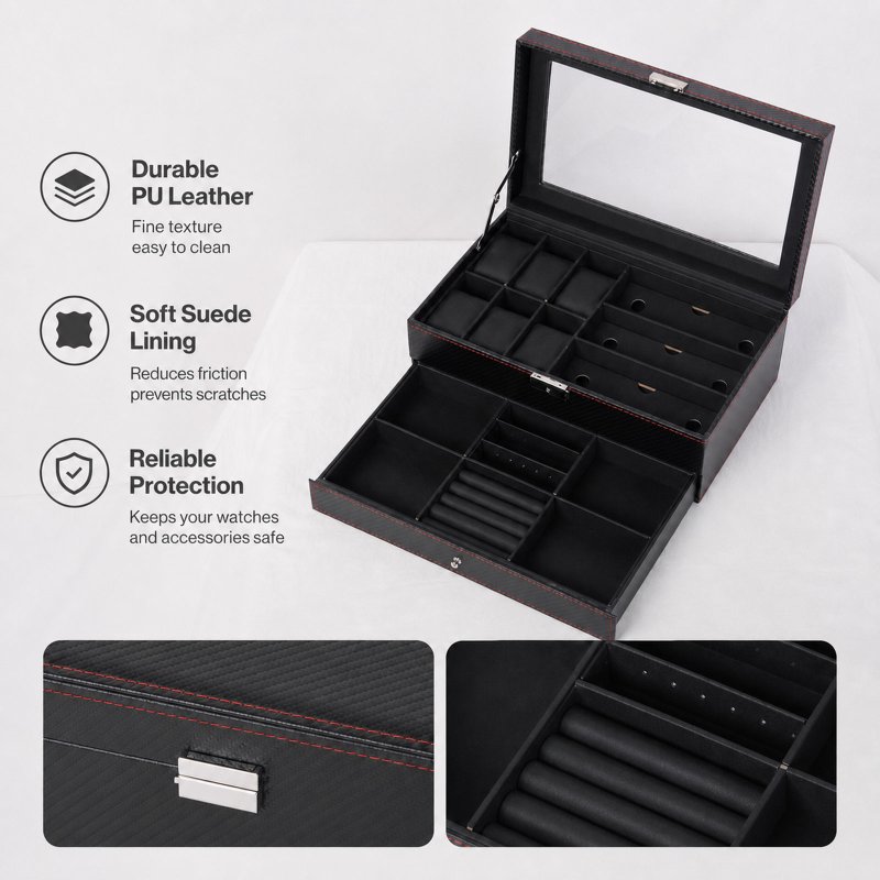 Watch Box Watch Storage Jewelry Box 2 Layer Glass Lid Lockable Display Black
