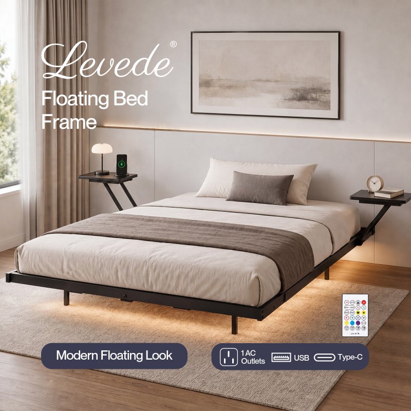 Levede Double Bed Frame Floating Design with Storage Shelves RGB Lights Black