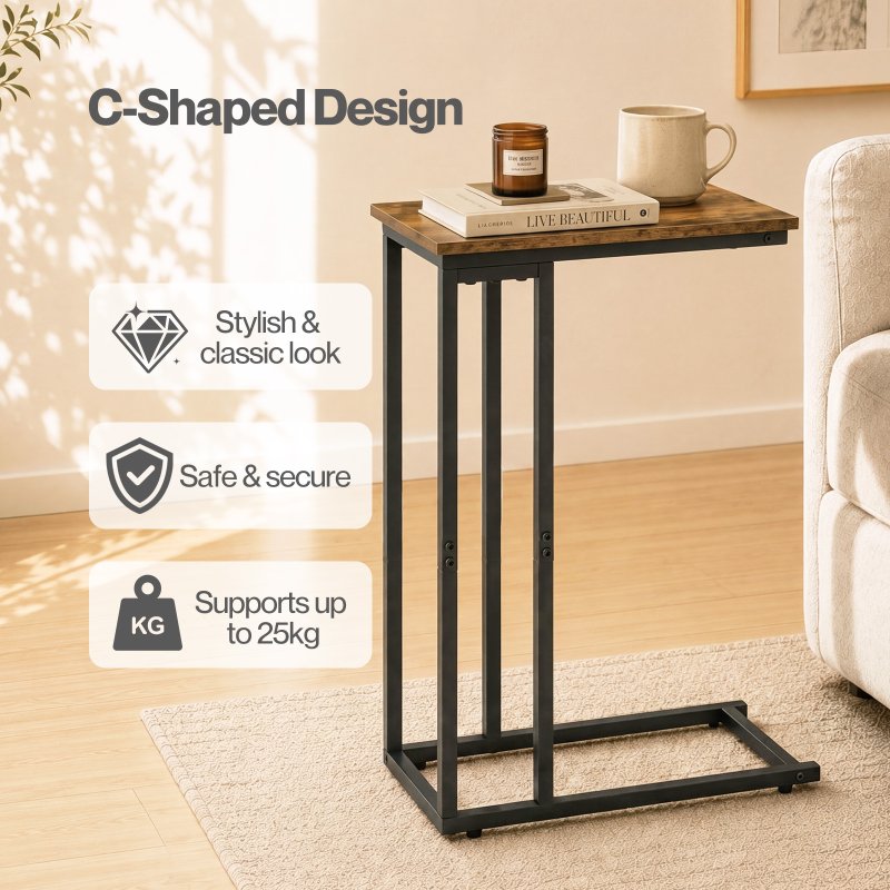 Levede Side Table C Shaped Space Saving for Sofa Bedroom Rustic Brown