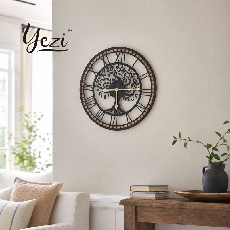Yezi Wall Clock Silent Quartz Tree Design 40Cm Large Face For Living Room Black