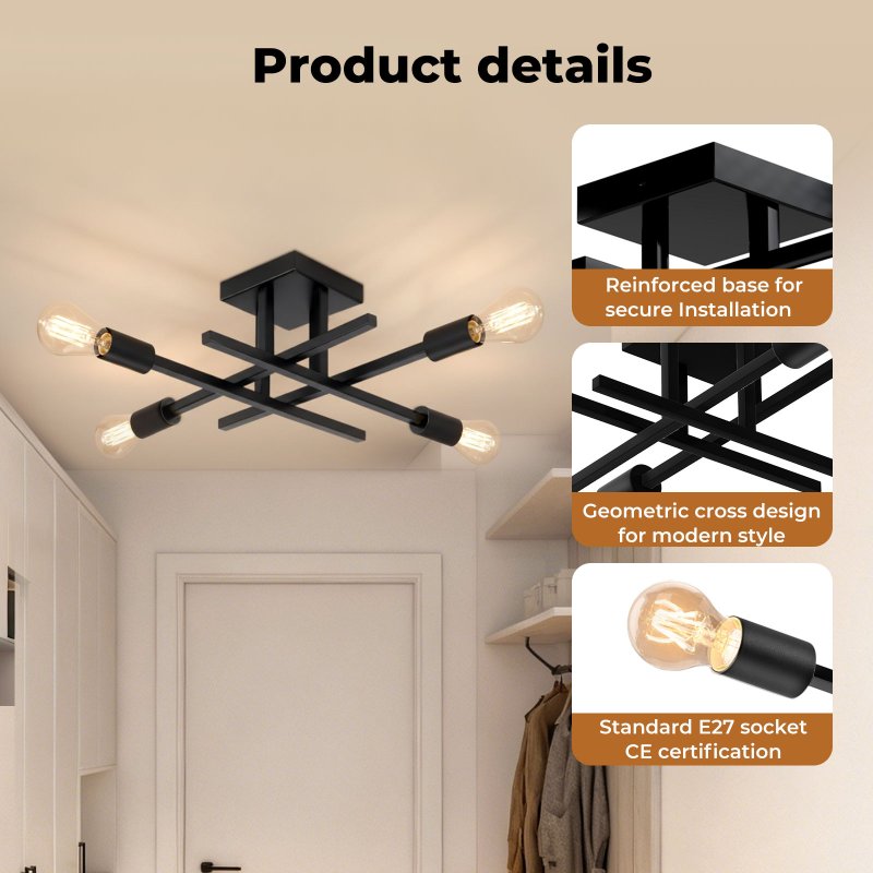 EMITTO Semi Flush Mount Ceiling Light Fixture Matte Black 4 Light E27 Socket