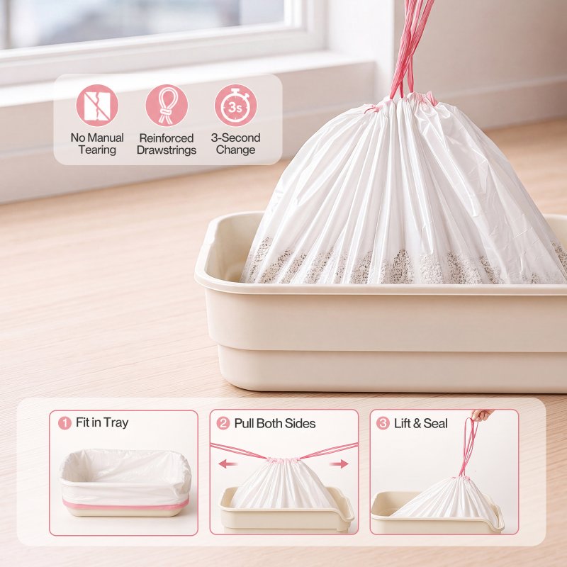 Skylos Cat Litter Bags XL for Standard Trays Heavy Duty Drawstring 30pc Pink