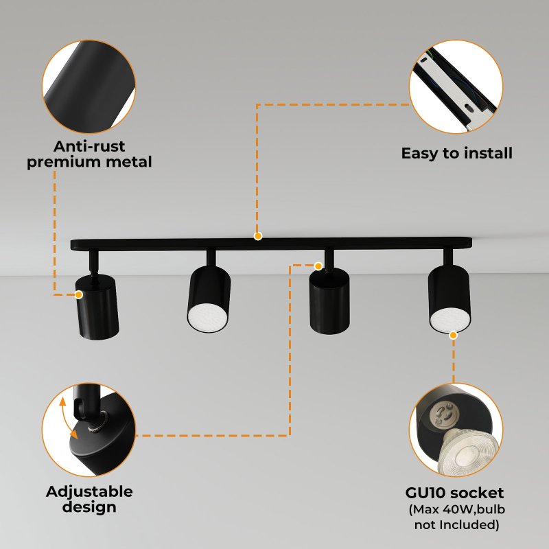 EMITTO Led Ceiling Spot Light GU10 4-Way Fully Adjustable Steel Modern Black