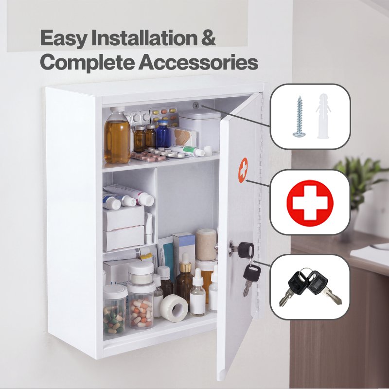 Levede Medicine Storage Box Lockable Steel Wall Cabinet 3-Tier White For Home Use