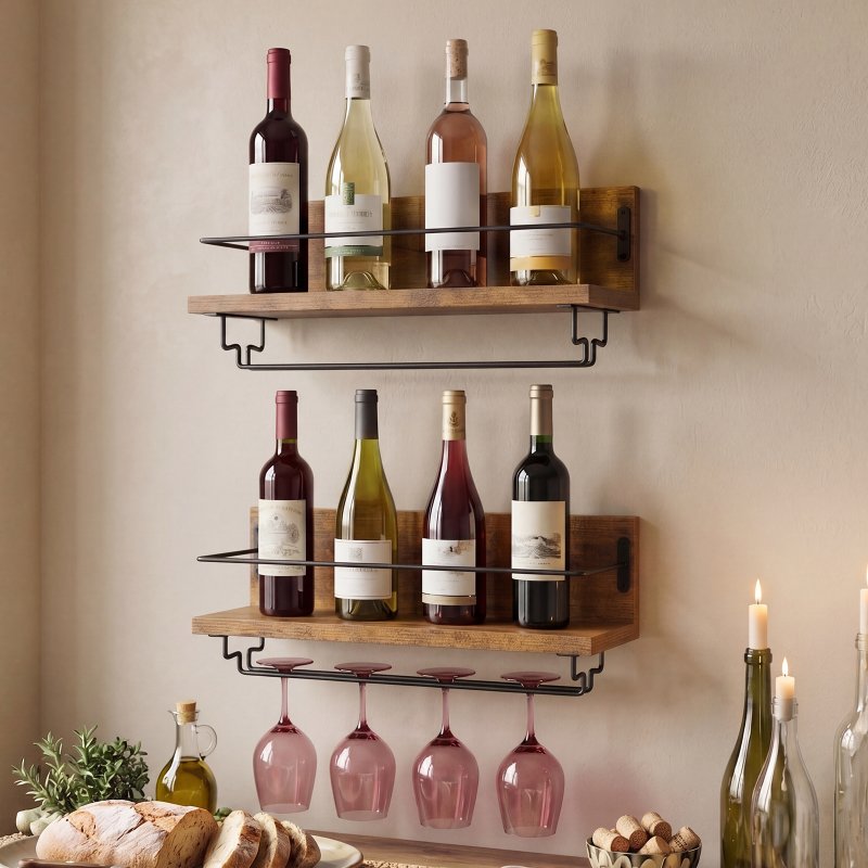 Levede Wall Wine Rack With Glass Holder Floating Wine Shelf Home Bar Storage 2PC