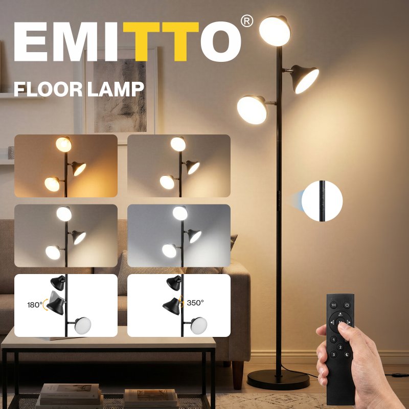 Emitto Floor Lamp, 3-Light Dimmable Standing Lamp, Remote Touch, Black