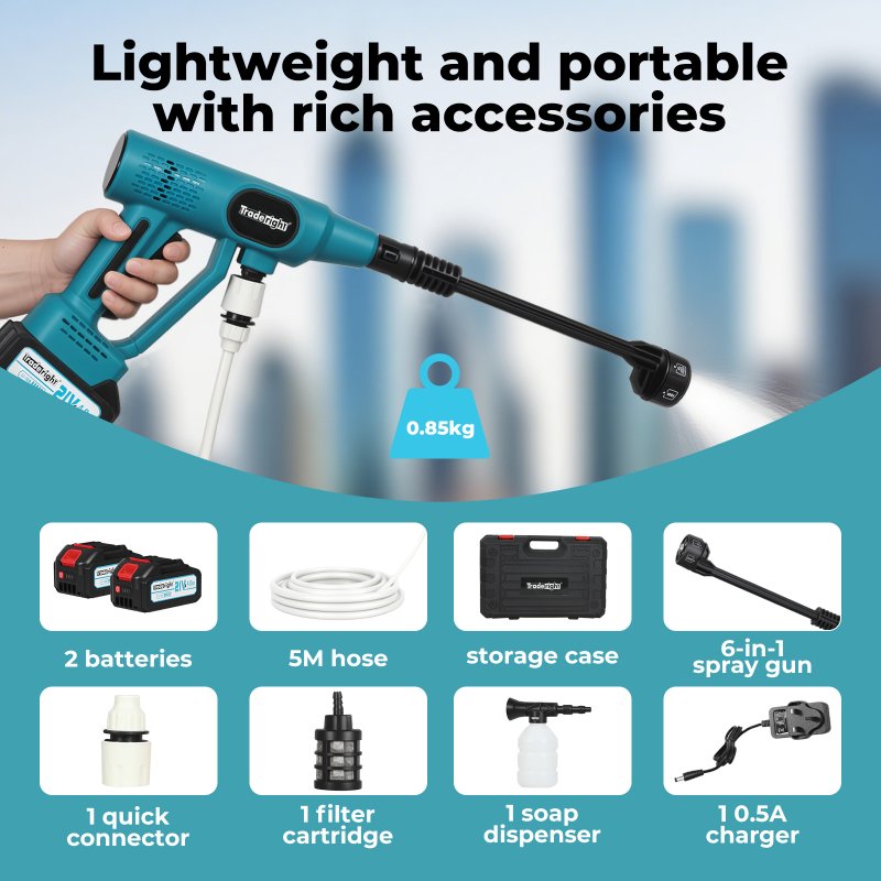 Traderight Cordless Pressure Washer 50Bar/725PSI Dual 4000mAh 6-in-1 Nozzle LCD