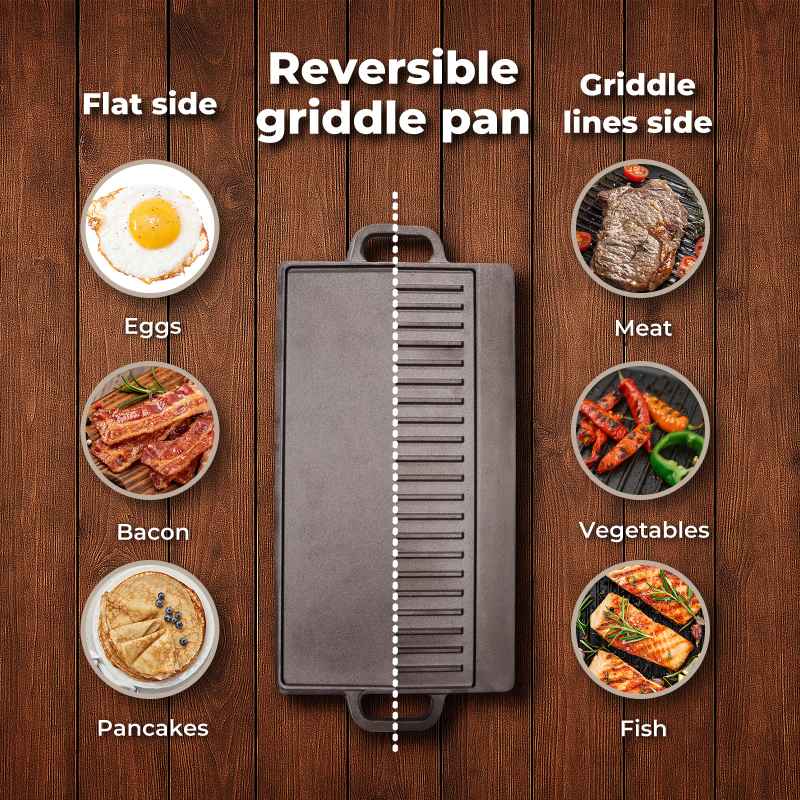 Toque Reversible Cast Iron Griddle Plate Non-Stick Grill Skillet Pan 49.5cm BBQ