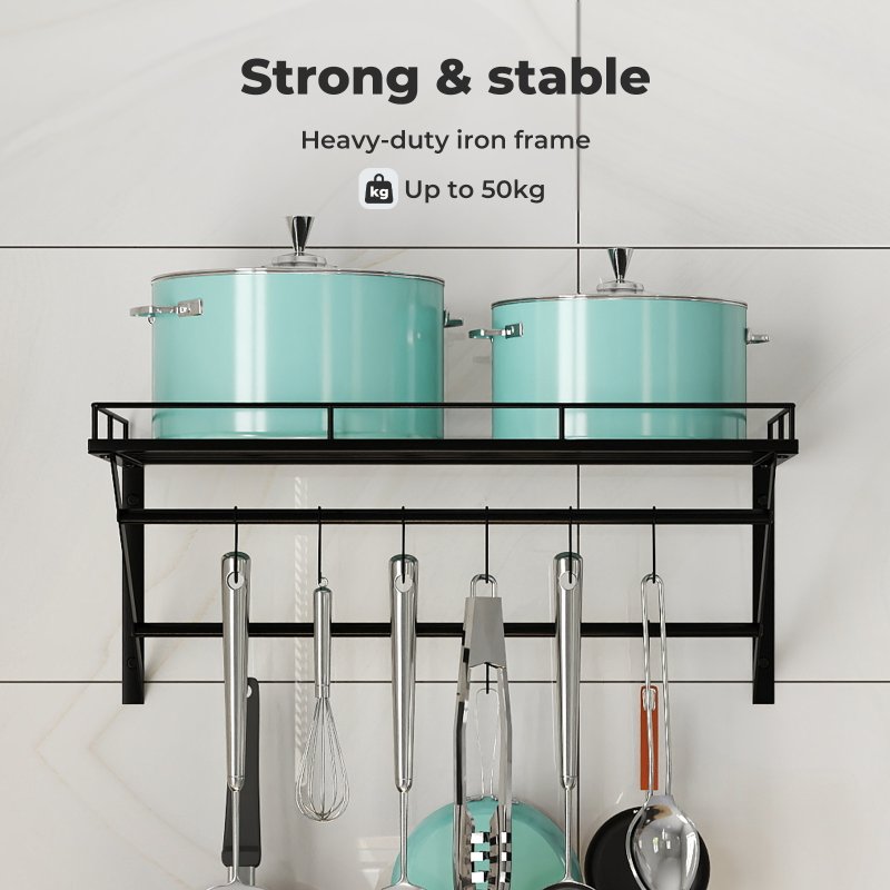 Toque Wall Mounted Pot Pan Rack Multipurpose Utensil Rail Holder Shelf 12 Hooks
