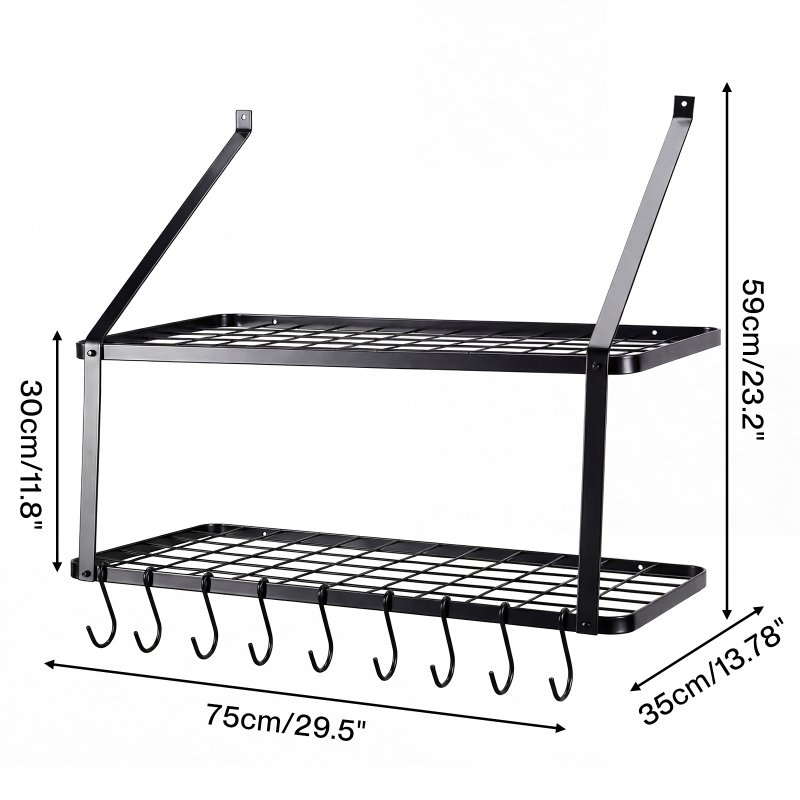 Toque Pot Pan Rack Wall Mounted Kitchen Shelf 2 Tier Storage Rack Metal 10 Hooks