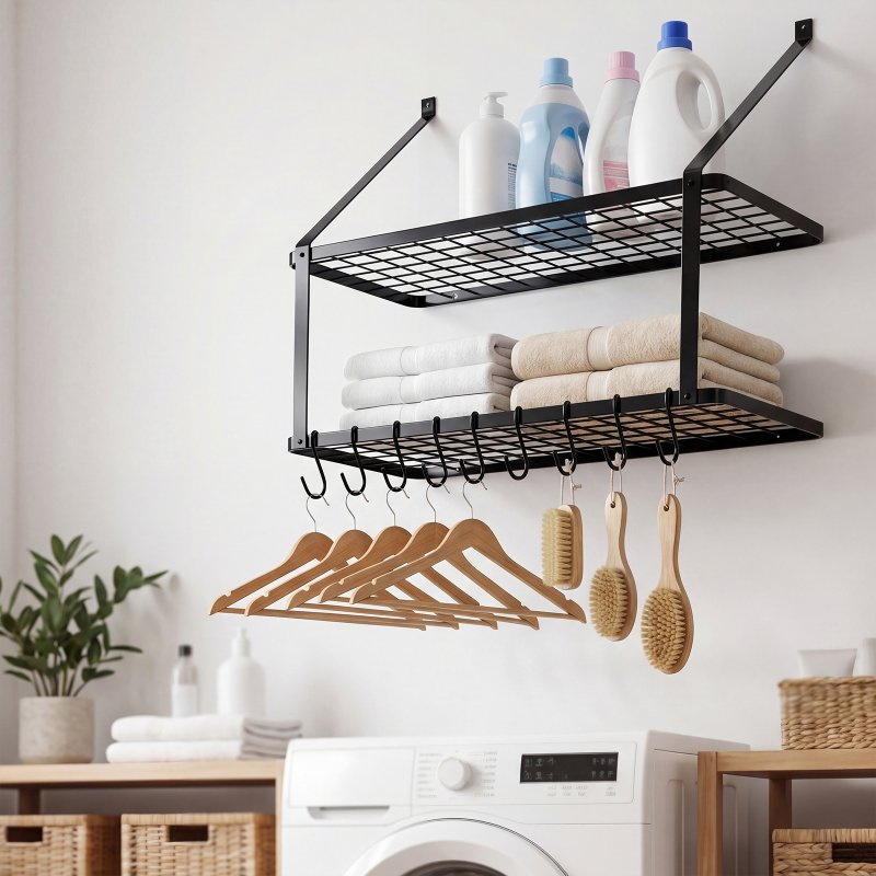 Toque Pot Pan Rack Wall Mounted Kitchen Shelf 2 Tier Storage Rack Metal 10 Hooks