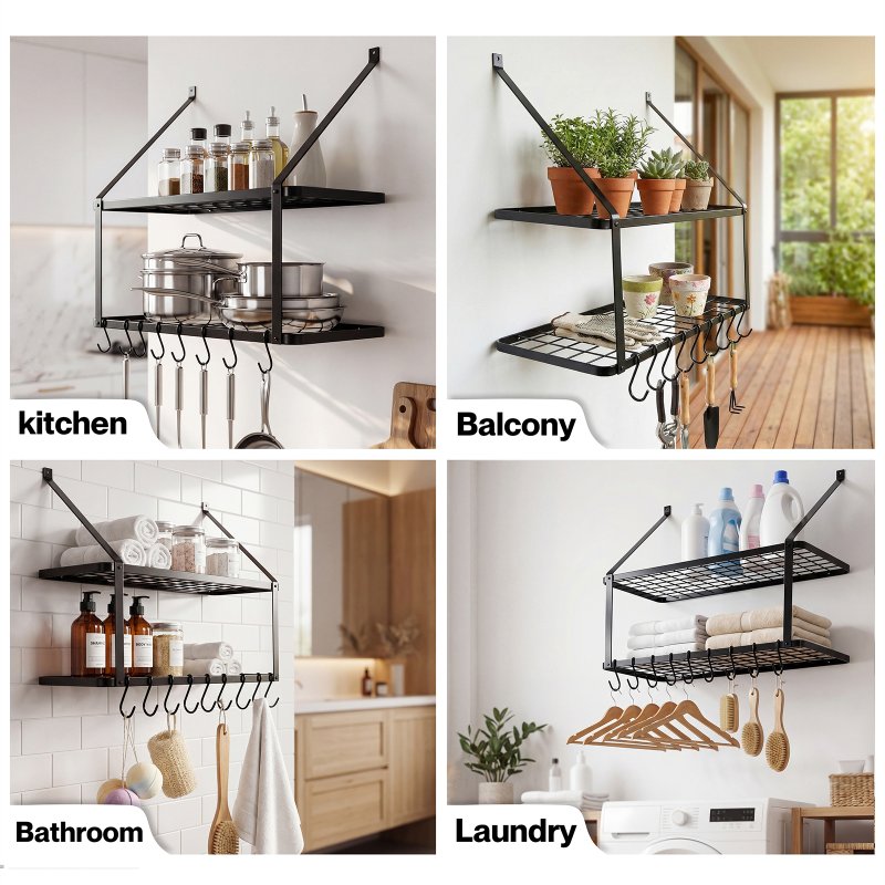 Toque Pot Pan Rack Wall Mounted Kitchen Shelf 2 Tier Storage Rack Metal 10 Hooks